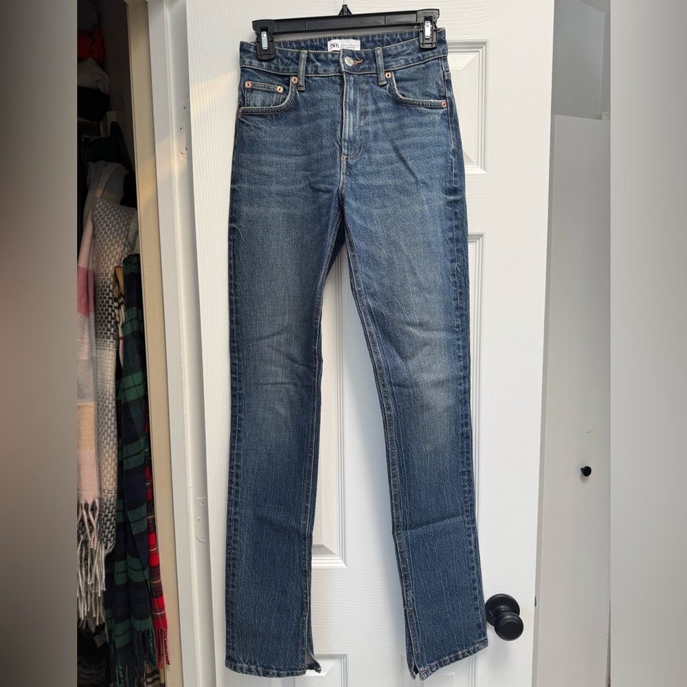 Zara Women's Straight Leg Split Hem Blue Jeans